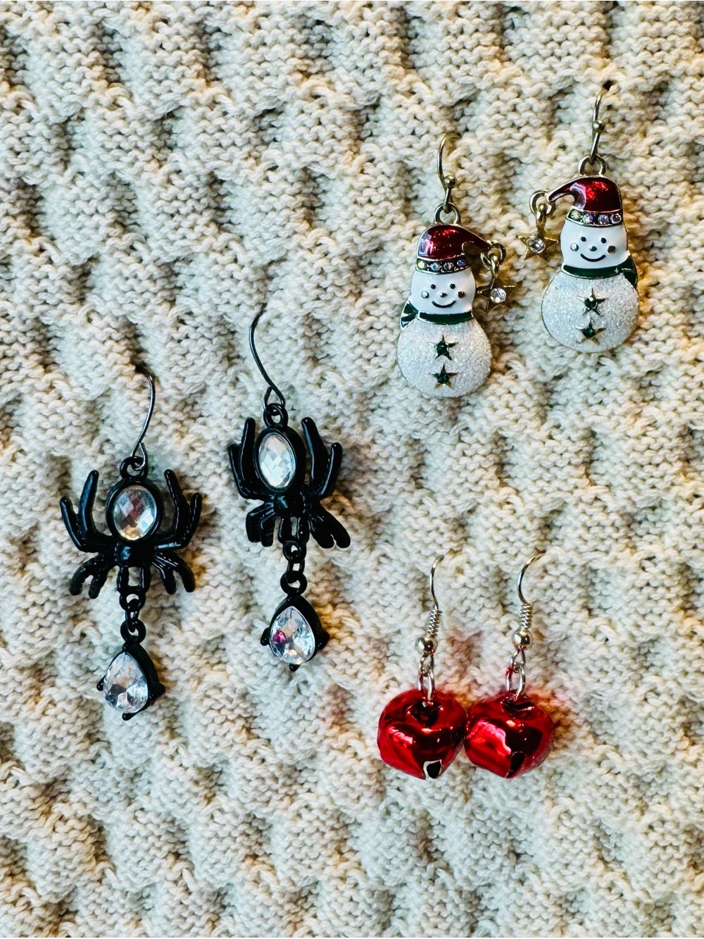 Festive Holiday earrings - Black Spider and Red jingle bell Drop Earring Set -